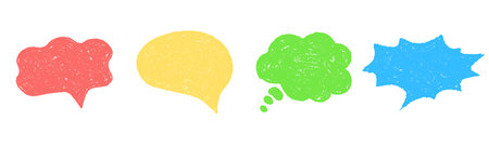 Set of blank speech bubbles doodle. Colorful Message cloud chalk , comic conversation balloon. Texture grunge dialog sign texture. Hand drawn vector illustration, in pastel colorsのイラスト素材
