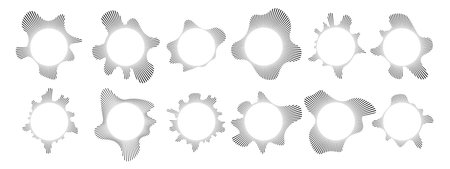 Set of Circular Sound Waves . Sound lines, radial spectrum, sound equalizers. Circular geometric wavy frame. Radial spectrum design. Vector illustration.のイラスト素材