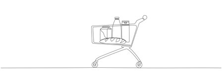 Shopping cart with groceries, drawing with one continuous line. Symbol of online shopping, supermarkets. Shopping cart, business concept. Vector editable illustration.のイラスト素材