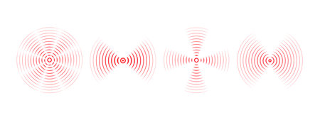 Set of red rings with sound waves, intermittent lines and dots. Sonar rings with radial lines. Radar icon, target, epicenter. Pulsating signal. Vector concentric circles of ripples.のイラスト素材