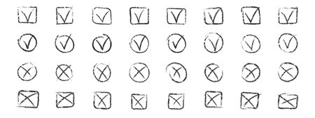 Set of black chalk ticks and crosses , circle and square. Tick symbol means agree, vote, confirm....