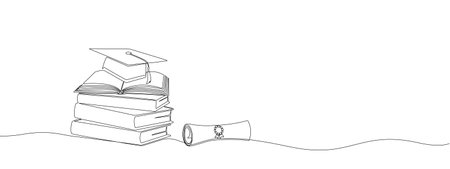 Stack of books with student hat and scroll in one continuous line. Symbol of education, graduate, learning intelligence in one line style.Vector editable illustrationのイラスト素材
