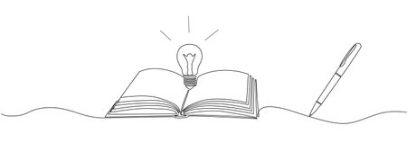 Opened book with glowing light bulb in one continuous line. Symbol of education, reading and writing in one line style.Vector editable illustrationのイラスト素材