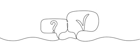 Question mark and check marks in speech bubbles in one continuous line. Survey game concept, cancel icons, or clarification, confirmation question in simple linear style. Vector editable illustrationのイラスト素材