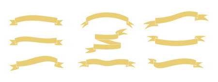 Yellow ribbon banner set. Blank ribbons template of different shapes. Set of vintage ribbons for advertising design. Vector illustrationのイラスト素材