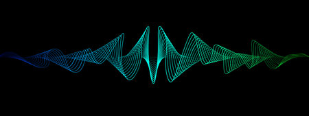 Abstract wavy lines of the sound wave. Dynamic pulsating wave. Musical neon concept, symbols of the frequency of digital music. Vector illustration on a black backgroundのイラスト素材