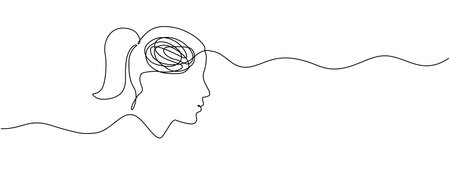 The continuous only linear feature of a woman with confusing thoughts. The concept of problems of mental health, stress, mountain, headaches in a simple linear style. Vector editable illustration.のイラスト素材