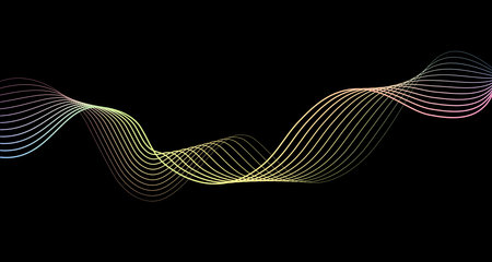 Futuristic geometric vector abstract shapes neon halftone pulsating wavy lines gradient curved stripes on black background. Modern design for equalizer, audio recording, voice assistant.のイラスト素材