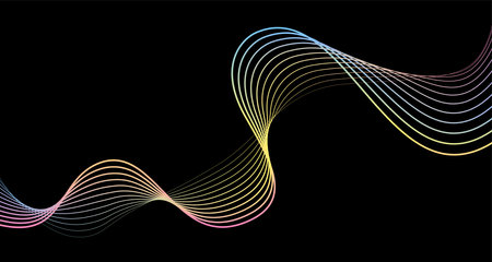 Futuristic geometric shapes neon halftone wavy lines in abstract composition. Vector of gradient curved stripes on black background. Modern design for equalizer, audio recording, digital art.のイラスト素材