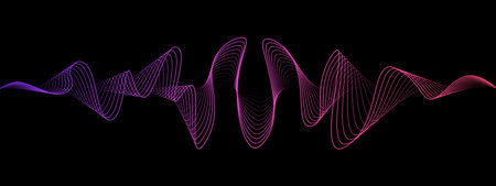 Abstract neon wavy dotted lines of the sound wave. Dynamic pulsating wave. Musical concept, symbols of the frequency of digital music. Vector illustration on a black backgroundのイラスト素材