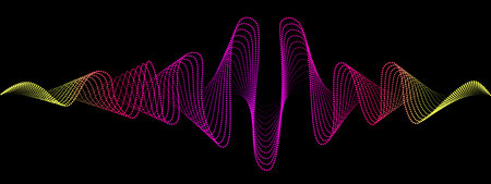 Abstract fluent gradient wavy dots lines of the sound wave. Dynamic pulsating wave. Musical neon concept, symbols of the frequency of digital music. Vector illustration on a black backgroundのイラスト素材