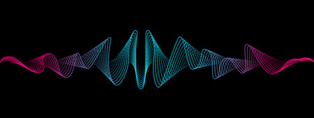 Abstract wavy dots lines of the sound wave. Dynamic pulsating wave. Musical neon concept, symbols of the frequency of digital music. Vector illustration on a black backgroundのイラスト素材