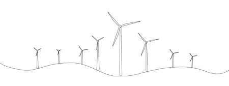 Windmill, wind energy, the only one in one continuous line. Wind alternative energy. Hilly terrain...