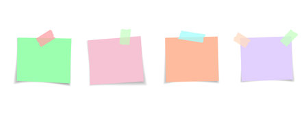 Set of colored sticky notes and notebook pages with adhesive tape. Smooth paper sheets in realistic...