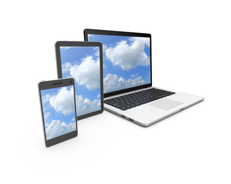 Modern laptop, tablet and smartphone with blue sky and clouds on screen isolated on white...