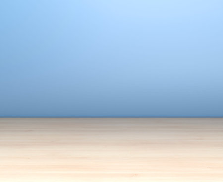 Interior room, wooden table on background blue wall. 3D rendering.
