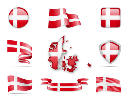 Denmark Flags Collection. Flags and contour map. Vector illustrationのイラスト素材