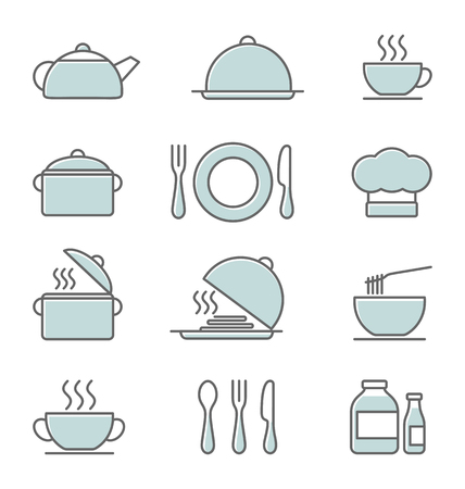 Kitchen icons set, colored vector icons in thin line style. Flat designのイラスト素材