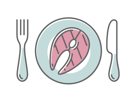 Fried fish top view on a plate, vector illustration icon in thin styleのイラスト素材
