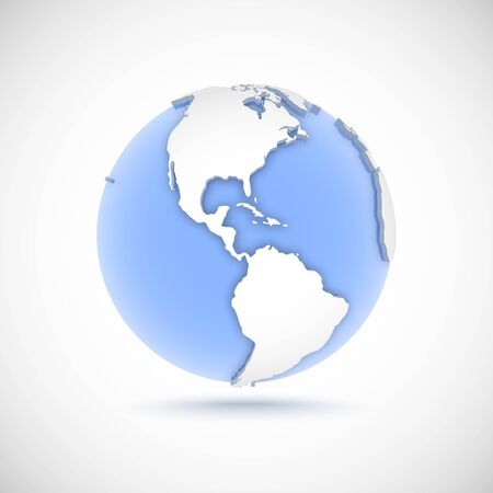 Volumetric globe in white and blue colors. 3d vector illustration with continents America, America, North, South and Central America on light gray backgroundのイラスト素材