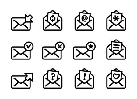 Set of flat email icons, black and white kit. Vector illustrationのイラスト素材