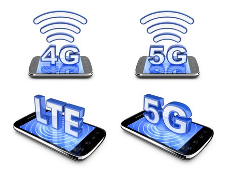 Mobile telecommunications icons. 3G, 4G and 5G technology symbols, set. 3D renderingの写真素材