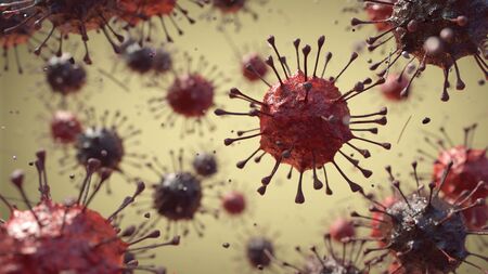 Illustration of coronavirus, influenza virus, COVID-19 under the microscope. Pandemic or virus infection concept - 3D Illustrationの写真素材