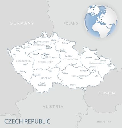 Blue-gray detailed map of Czech Republic administrative divisions and location on the globe. Vector illustrationのイラスト素材