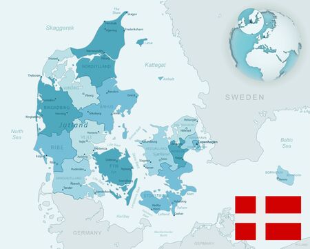 Blue-green detailed map of Denmark administrative divisions with country flag and location on the globe. Vector illustrationのイラスト素材