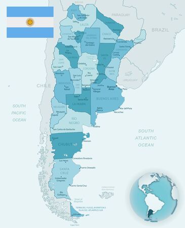 Blue-green detailed map of Argentina administrative divisions with country flag and location on the globe. Vector illustrationのイラスト素材