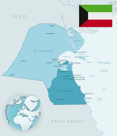 Blue-green detailed map of Kuwait administrative divisions with country flag and location on the globe. Vector illustrationのイラスト素材