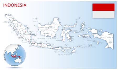 Detailed Indonesia administrative map with country flag and location on a blue globe. Vector illustrationのイラスト素材