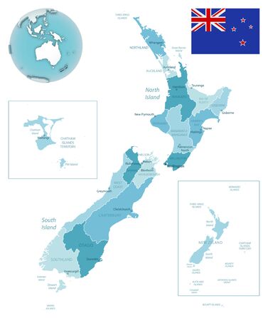 New Zealand administrative blue-green map with country flag and location on a globe. Vector illustrationのイラスト素材