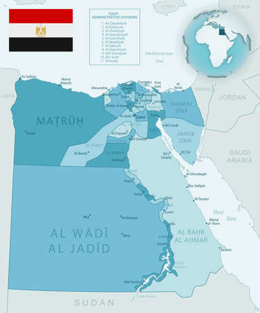 Blue-green detailed map of Egypt administrative divisions with country flag and location on the globe. Vector illustrationのイラスト素材