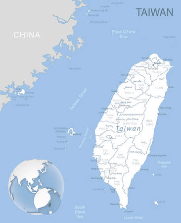 Blue-gray detailed map of Taiwan administrative divisions and location on the globe. Vector illustrationのイラスト素材
