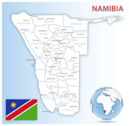 Detailed Namibia administrative map with country flag and location on a blue globe. Vector illustrationのイラスト素材