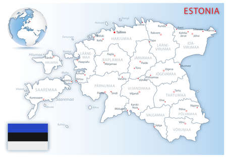 Detailed map of Estonia administrative divisions with country flag and location on the globe. Vector illustrationのイラスト素材