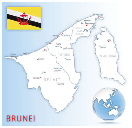 Detailed Brunei administrative map with country flag and location on a blue globe. Vector illustrationのイラスト素材