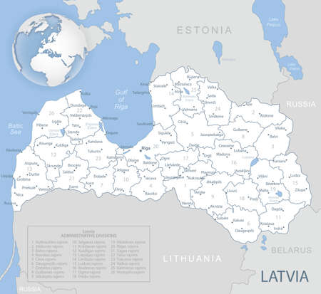 Blue-gray detailed map of Latvia administrative divisions and location on the globe. Vector illustrationのイラスト素材