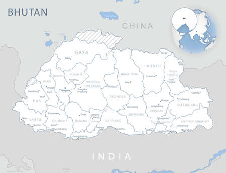 Blue-gray detailed map of Bhutan administrative divisions and location on the globe. Vector illustrationのイラスト素材