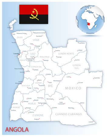 Detailed Angola administrative map with country flag and location on a blue globe. Vector illustrationのイラスト素材