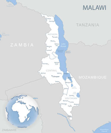 Blue-gray detailed map of Malawi administrative divisions and location on the globe. Vector illustrationのイラスト素材