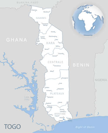 Blue-gray detailed map of Togo administrative divisions and location on the globe. Vector illustrationのイラスト素材