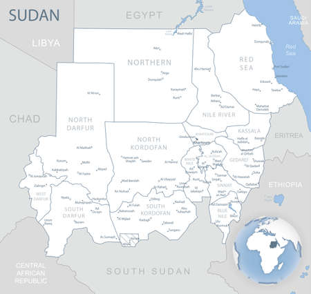 Blue-gray detailed map of Sudan administrative divisions and location on the globe. Vector illustrationのイラスト素材