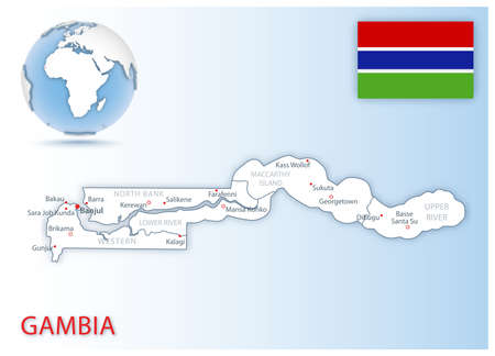 Detailed map of Gambia administrative divisions with country flag and location on the globe. Vector illustrationのイラスト素材