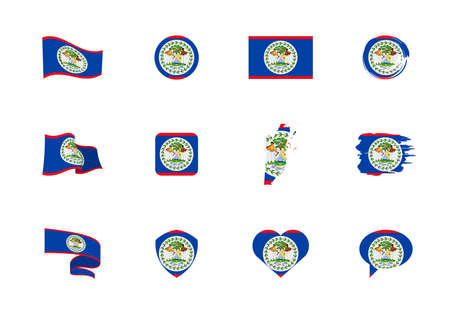 Belize flag - flat collection. Flags of different shaped twelve flat icons. Vector illustration setのイラスト素材