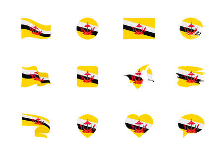 Brunei flag - flat collection. Flags of different shaped twelve flat icons. Vector illustration setのイラスト素材