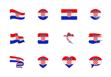 Croatia flag - flat collection. Flags of different shaped twelve flat icons. Vector illustration setのイラスト素材