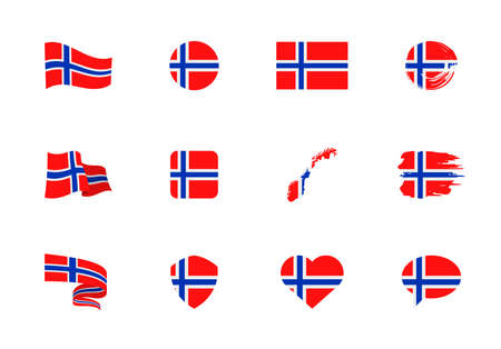 Norway flag - flat collection. Flags of different shaped twelve flat icons. Vector illustration setのイラスト素材