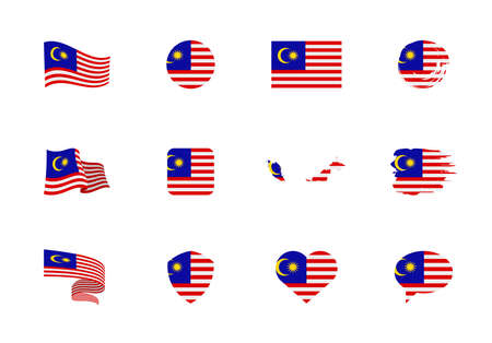 Malaysia flag - flat collection. Flags of different shaped twelve flat icons. Vector illustration setのイラスト素材